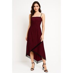 City Triangles Beaded Mesh Midi Dress‎ Womens Burgundy Square Neck Y2K